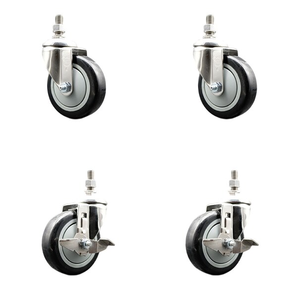 Service Caster 4 Inch 316SS Black Polyurethane Swivel 3/8 Inch Threaded Stem Caster Brake, 2PK SS316TS20S414-PPUB-BLK-381615-2-TLB2 - main